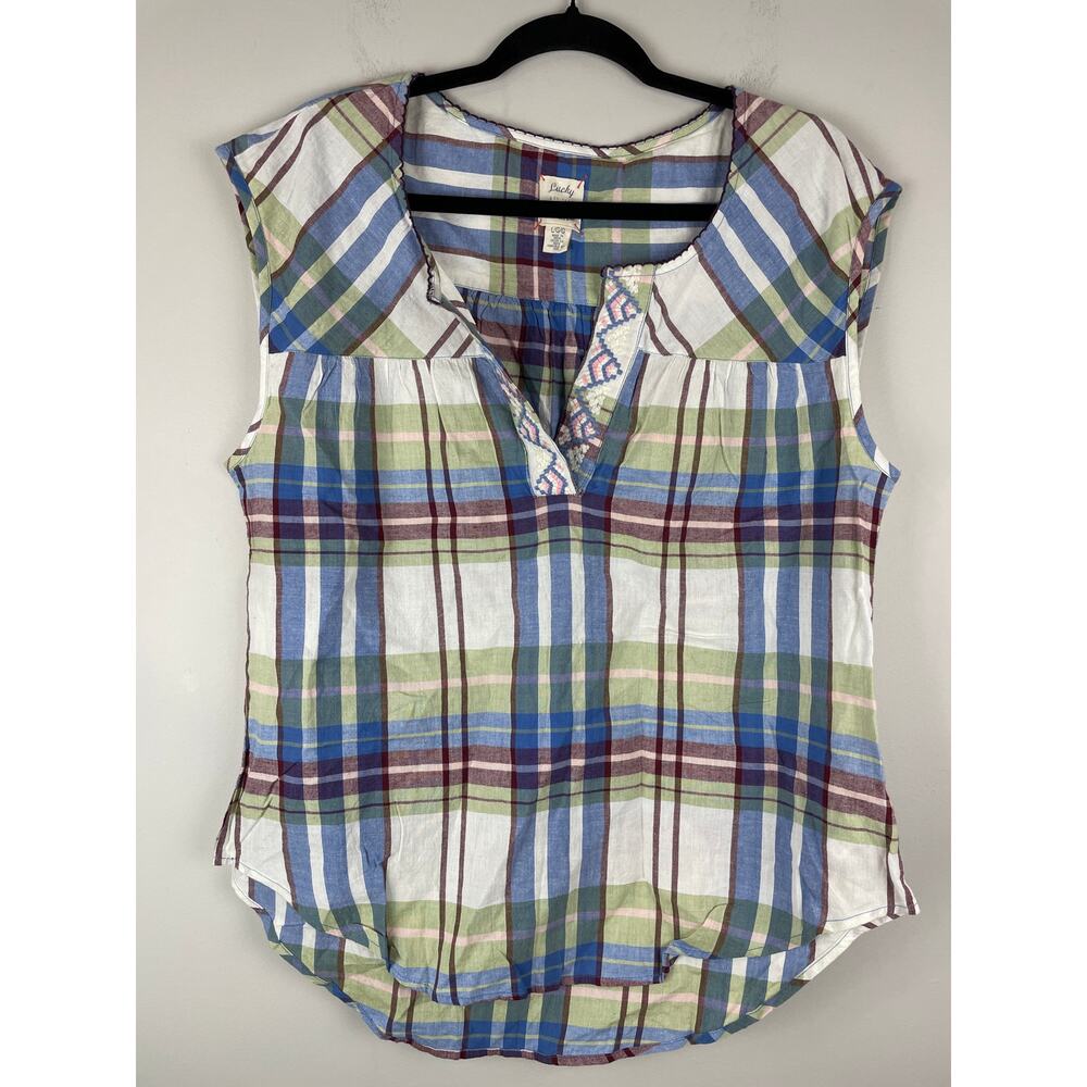 Lucky Brand Plaid Sleeveless Popover Blouse Embroidered Cotton V-Neck Top Large